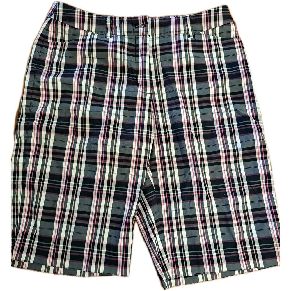 Anne Klein Sport Casual Shorts Womens 6 Multicolor Plaid Cotton Blend Zip Fly